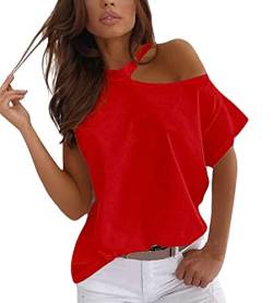 ORANDESIGNE Damen Muttertag Kurzarm T-Shirt Herzmuster Drucken Tee Shirt Sexy Schulterfrei Oberteile Casual Grafikdruck Pullover Tunika Tops H Rot XL von ORANDESIGNE