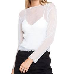 ORANDESIGNE Damen Netzstoff T-Shirt Rundhals Party Oberteil Glitzer-Top Kurzarm Durchsichtig Crop Top Transparent Bauchfrei T-Shirts Club Mesh Oberteile Bluse Tunika K Weiß S von ORANDESIGNE