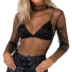 ORANDESIGNE Damen Netzstoff T-Shirt Rundhals Party Oberteil Glitzer-Top Kurzarm Durchsichtig Crop Top Transparent Bauchfrei T-Shirts Club Mesh Oberteile Bluse Tunika M Schwarz L von ORANDESIGNE