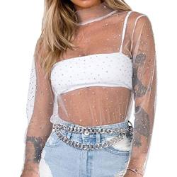 ORANDESIGNE Damen Netzstoff T-Shirt Rundhals Party Oberteil Glitzer-Top Kurzarm Durchsichtig Crop Top Transparent Bauchfrei T-Shirts Club Mesh Oberteile Bluse Tunika M Weiß M von ORANDESIGNE