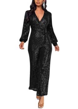 ORANDESIGNE Damen Pailletten Overall Langarm V-Ausschnitt Glitzer Strampler Lockere Hose Party Clubwear Einteiler Lang Abend Jumpsuit Elegant Playsuit Romper Hosenanzug mit Gürtel A Schwarz 3XL von ORANDESIGNE