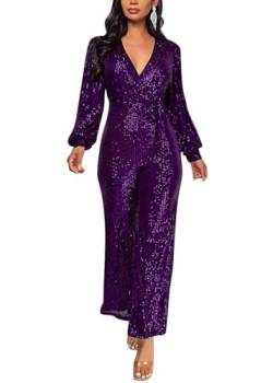 ORANDESIGNE Damen Pailletten Overall Langarm V-Ausschnitt Glitzer Strampler Lockere Hose Party Clubwear Einteiler Lang Abend Jumpsuit Elegant Playsuit Romper Hosenanzug mit Gürtel A Violett 3XL von ORANDESIGNE