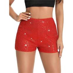 ORANDESIGNE Damen Pailletten Short Glitzer Party Shorts Freizeitshort für Nacht Club Festivals Outfits Glänzend Kurz Hose Tanzshorts High Elastic Hot Pants A Rot S von ORANDESIGNE