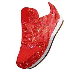 ORANDESIGNE Damen Pailletten Sneaker Flach Schuhe Freizeit Schnürer Sportschuhe Glänzende Schuhe Laufschuhe Sneaker Rot 35 EU von ORANDESIGNE