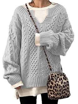 ORANDESIGNE Damen Pullover Winter Basic Oversize Pullover Casual Langarm V-Ausschnitt Strickpullover Tops Hellgrau S von ORANDESIGNE
