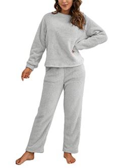 ORANDESIGNE Damen Pyjama Fleece Set Lang Nachtwäsche Winter Warm Hausanzug Zweiteiliger Schlafanzug Langarm Shirt und Pyjamahose A Grau XL von ORANDESIGNE