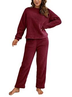 ORANDESIGNE Damen Pyjama Fleece Set Lang Nachtwäsche Winter Warm Hausanzug Zweiteiliger Schlafanzug Langarm Shirt und Pyjamahose A Weinrot L von ORANDESIGNE