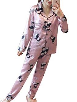 ORANDESIGNE Damen Pyjamas Sets Frühling Herbst Klassische Schlafanzug Satin V-Ausschnitt Zweiteiliges Nachtwäsche Nachthemd Lang Elegant Licht Langarm Shirt und Hosen (36, B Rosa 03) von ORANDESIGNE