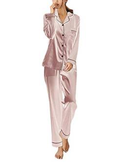 ORANDESIGNE Damen Pyjamas Sets Frühling Herbst Klassische Schlafanzug Satin V-Ausschnitt Zweiteiliges Nachtwäsche Nachthemd Lang Elegant Licht Langarm Shirt und Hosen A Rosa DE 36 von ORANDESIGNE