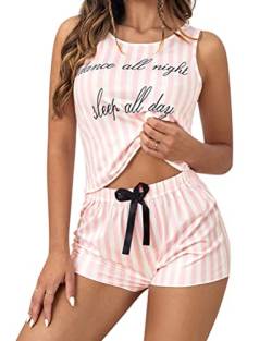 ORANDESIGNE Damen Schlafanzug Kurz Sommer Pyjama 2 Sets Crop Tank Top Und Shorts Hausanzug Buchstaben Muster Loungewear Nachtwäsche Sleep Outfit Zweiteiler Sleepwear Rosa M von ORANDESIGNE