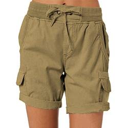 ORANDESIGNE Damen Shorts Sommer Casual Kurze Hosen Tunnelzug Elastische Stoffhose Hotpants Baumwolle Leinen Strand Shorts mit Taschen A Dunkelkhaki L von ORANDESIGNE