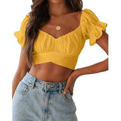 ORANDESIGNE Damen Sommer Casual Bluse Elegant Oberteile Schulterfrei Langarm Trompetenärmel Tunika Tshirt Top Blumen Muster Bauchfrei Crop Tops Oberteile E Gelb M von ORANDESIGNE