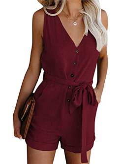 ORANDESIGNE Damen Sommer Kurz Jumpsuit Einfarbig Elegant Schulterfrei Ärmellos V-Ausschnitt Overall Knöpfe Playsuits mit Taschen Hosenanzug Kurz Romper Shorts A Weinrot XS von ORANDESIGNE