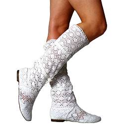 ORANDESIGNE Damen Sommer Stiefel mit Ausschnitt Stiefeletten Flach Stickerei Stiefel Sexy Mesh Schlupfstiefel Slip-On Schuhe Boots A Weiß 39 EU von ORANDESIGNE