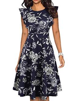 ORANDESIGNE Damen Sommerkleid Rüschenärmel Slim Fit OL Commuter Print Vintage Kleid Patchwork Ärmelloses Swingkleid Business Cocktail Freizeit Party Kleid Blumenkleid A Blau S von ORANDESIGNE