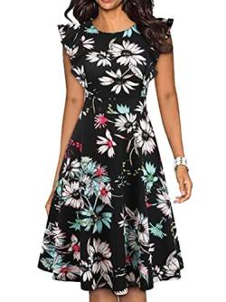 ORANDESIGNE Damen Sommerkleid Rüschenärmel Slim Fit OL Commuter Print Vintage Kleid Patchwork Ärmelloses Swingkleid Business Cocktail Freizeit Party Kleid Blumenkleid A Schwarz XXL von ORANDESIGNE