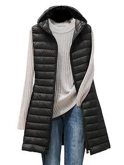 ORANDESIGNE Damen Steppweste mit Kapuze Lightweight Doppelkopf Reißverschluss Puffer Vest Winddichte Packbare Weiße Entendaunen Weste Lange Daunenweste Kapuzenweste A Schwarz XXL von ORANDESIGNE