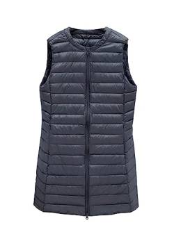 ORANDESIGNE Damen Steppweste mit Kapuze Lightweight Doppelkopf Reißverschluss Puffer Vest Winddichte Packbare Weiße Entendaunen Weste Lange Daunenweste Kapuzenweste B Grau 3XL von ORANDESIGNE