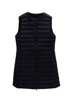 ORANDESIGNE Damen Steppweste mit Kapuze Lightweight Doppelkopf Reißverschluss Puffer Vest Winddichte Packbare Weiße Entendaunen Weste Lange Daunenweste Kapuzenweste B Schwarz L von ORANDESIGNE