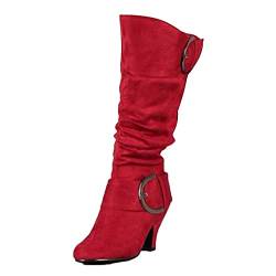 ORANDESIGNE Damen Stiefel High Heels Klassische Stiefel mit Blockabsatz Profilsohle Elegant Winterstiefel mit Schnalle Rot 38 EU von ORANDESIGNE