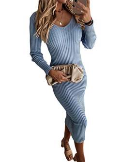 ORANDESIGNE Damen Strickkleid Elegante Pulloverkleid V-Ausschnitt Langarm Bodycon Midikleid Slim Fit Einfarbige Partykleid Sweater Pullover Kleider Blau S von ORANDESIGNE