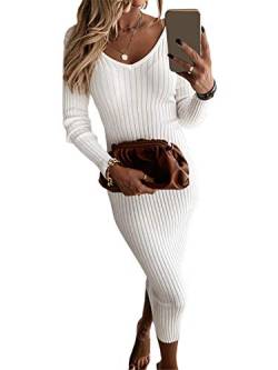 ORANDESIGNE Damen Strickkleid Elegante Pulloverkleid V-Ausschnitt Langarm Bodycon Midikleid Slim Fit Einfarbige Partykleid Sweater Pullover Kleider Weiß S von ORANDESIGNE