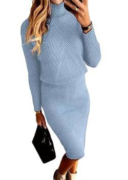 ORANDESIGNE Damen Strickkleid Zweiteiliger Anzug Pullover Oberteil und Midi Strickrock Bodycon 2 Stück Set Midikleid Rollkragen Pulloverkleid A Blau XL von ORANDESIGNE