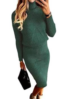 ORANDESIGNE Damen Strickkleid Zweiteiliger Anzug Pullover Oberteil und Midi Strickrock Bodycon 2 Stück Set Midikleid Rollkragen Pulloverkleid A Grün XL von ORANDESIGNE