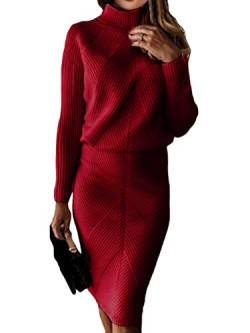 ORANDESIGNE Damen Strickkleid Zweiteiliger Anzug Pullover Oberteil und Midi Strickrock Bodycon 2 Stück Set Midikleid Rollkragen Pulloverkleid C Rot XS von ORANDESIGNE