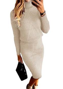 ORANDESIGNE Damen Strickkleid Zweiteiliger Anzug Rollkragen Pullover Oberteil und Strickrock Bleistiftrock Elastische Bodycon 2 Stück Set A Beige M von ORANDESIGNE