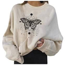 ORANDESIGNE Damen Sweatshirt Briefe Drucken Langarm Rundhals Pullover Warm Pulli Oversized Casual Bequem Teenager Mädchen Hoodie Sportbekleidung Schmetterlingsdruck Y2k Aesthetic Oberteile F Beige XS von ORANDESIGNE