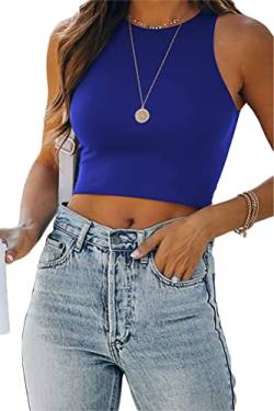 ORANDESIGNE Damen Tank Crop Top Bauchfrei Racerback Tanktop Top Elegant Camisole Årmellos Geripptes Oberteil Rundhals Casual Sommer Cutout Cami Top Shirt Trägershirt B Blau M von ORANDESIGNE