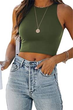 ORANDESIGNE Damen Tank Crop Top Bauchfrei Racerback Tanktop Top Elegant Camisole Årmellos Geripptes Oberteil Rundhals Casual Sommer Cutout Cami Top Shirt Trägershirt B Grün S von ORANDESIGNE