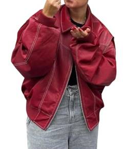 ORANDESIGNE Damen Übergroße Jacken Kunstleder Motorrad Mäntel Moto Jacken Biker Mantel Herbst Outfits Mode Kleidung Reißverschluss Langarm PU Leder Mantel F Rot L von ORANDESIGNE