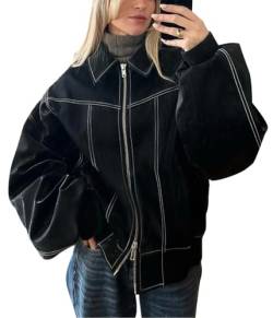 ORANDESIGNE Damen Übergroße Jacken Kunstleder Motorrad Mäntel Moto Jacken Biker Mantel Herbst Outfits Mode Kleidung Reißverschluss Langarm PU Leder Mantel F Schwarz M von ORANDESIGNE