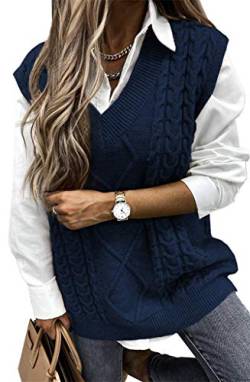 ORANDESIGNE Damen V-Ausschnitt Ärmellose Einfarbig Kariert Stricken Weste Pullunder Strickweste Casual Strick Tank Top Sweater Mädchen Winter Herbst Preppy Style Argyle B Blau L von ORANDESIGNE