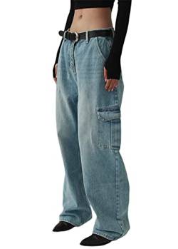 ORANDESIGNE Damen Vintage Cargo Jeans Y2K Hip Hop Jeans Baggy Jeans Straight Leg Gewaschen Jeanshose Casual Denim Hosen Bedruckte Jeans Teenager Mädchen Harajuku Skateboard Hose Streetwear L Blau S von ORANDESIGNE