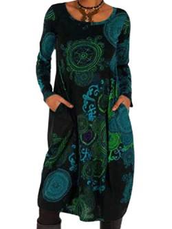 ORANDESIGNE Damen Vintage Ethnischen Stil Farbblock Kleid Langarm A-Linie Beiläufige Lose T-Shirt Kleid Knielang Blusenkleid Rundhals Tunika Kleid mit Taschen B Blau XL von ORANDESIGNE