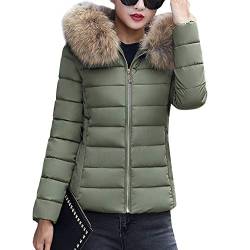 ORANDESIGNE Damen Warm Mantel Wintermantel Kurz Winterjacke Dickere mit Kapuze Slim Fit Outwear Baumwollkleidung Parkajacke Reißverschluss Jacke Steppjacke mit Pelz Halsband Armeegrün DE 38 von ORANDESIGNE