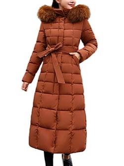 ORANDESIGNE Damen Warm Winterjacke Parka Jacke Mantel Lange Mit Fellkapuze Steppjacke Wintermantel Lässig Dicker Daunenjacke Daunenmantel Mit Gürtel Braun DE 34 von ORANDESIGNE