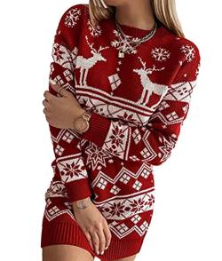 ORANDESIGNE Damen Weihnachten Pullover Lang Teenager Mädchen Strickkleid Weihnachtspulli Rentier und Schnee Langarm Christmas Pulli Weihnachtspullover Lang Minikleid Oberteile B-Rot XS von ORANDESIGNE