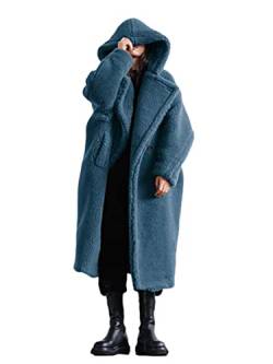 ORANDESIGNE Damen Winter Mantel Plüschjacke Frau Wintermantel Lang Warm Cardigan Kapuzenjacke mit Taschen Winterjacke Blau M von ORANDESIGNE