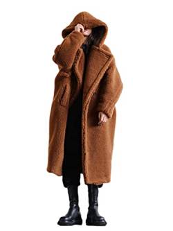 ORANDESIGNE Damen Winter Mantel Plüschjacke Frau Wintermantel Lang Warm Cardigan Kapuzenjacke mit Taschen Winterjacke Braun XL von ORANDESIGNE