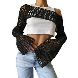 ORANDESIGNE Damen Y2K Crochet T-Shirt Frauen Langarm Crop Top Strick Einfarbig One-Shoulder Crochet Aushöhlen Pullover 90er Streetwear Schulterfrei Zerrissene Strickpullover Oberteile D Schwarz XS von ORANDESIGNE