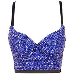 ORANDESIGNE Damen Y2K Korsett BH Tank Top Dessous Trägertop Crop Top Schlanke Feste Weste Push Up Bustier Lässig Pailletten Perlen Strasssteine Diamanten Korsett Clubwear Party C Blau S von ORANDESIGNE