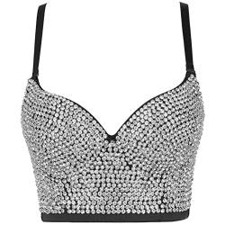 ORANDESIGNE Damen Y2K Korsett BH Tank Top Dessous Trägertop Crop Top Schlanke Feste Weste Push Up Bustier Lässig Pailletten Perlen Strasssteine Diamanten Korsett Clubwear Party C Schwarz 01 L von ORANDESIGNE