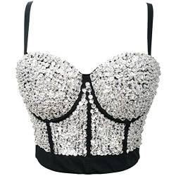 ORANDESIGNE Damen Y2K Korsett BH Tank Top Dessous Trägertop Crop Top Schlanke Feste Weste Push Up Bustier Lässig Pailletten Perlen Strasssteine Diamanten Korsett Clubwear Party E Silber S von ORANDESIGNE