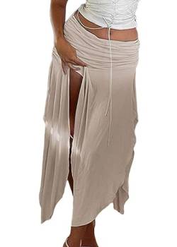 ORANDESIGNE Damen Y2K Langer Rock Frauen Transparente Spitze Midirock Unregelmäßiger Boho Blumen Geschlitztes Rüsche Maxirock Sommer Strandrock A Khaki M von ORANDESIGNE