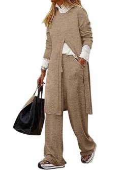 ORANDESIGNE Damen Zweiteiler Herbst Winter Langarm Sweatshirt Rundhal + Hose Weites Bein Hausanzug Elegant Hosenanzug Sportlich 2 Teiler Loungewear Set Lang Jogginganzug Kombi Outfit Khaki M von ORANDESIGNE