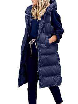 ORANDESIGNE Daunenweste Damen Lang Wintermantel Vest mit Kapuze Weste Mantel Ärmellose Warmer Daunenmantel mit Taschen Steppweste Damen Daunenjacke Steppjacke Outdoor B Navy Blau XXL von ORANDESIGNE